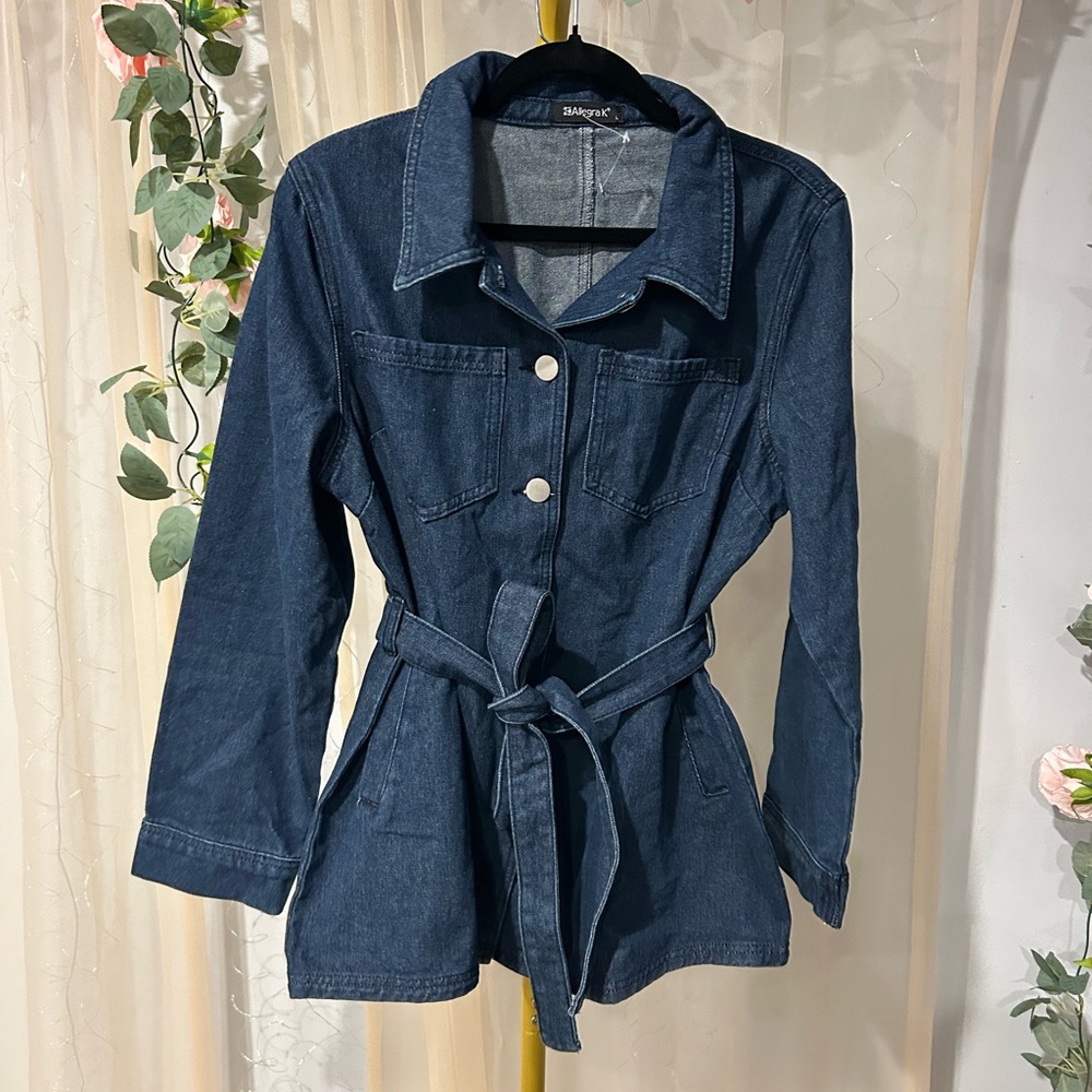 Allegra K Dark Blue Denim Jacket with Belt